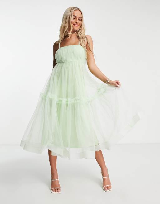 Lace & Beads - Vestito midi a balze in tulle verde pastello, 4 di 4