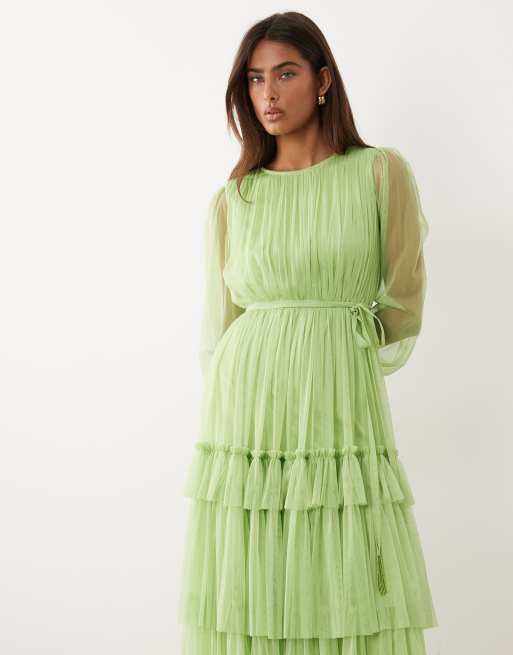 Lace & Beads - Vestito midi girocollo a balze verde mela, 3 di 4