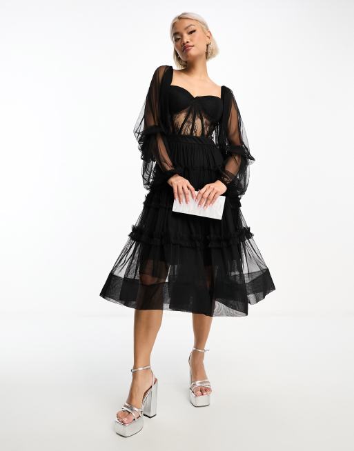Lace & Beads - Vestito midi in tulle nero con dettaglio stile corsetto