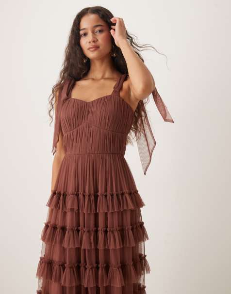 Lace & Beads - Vestito midi marrone rosato un tulle con fiocchi sulle spalle - view 1