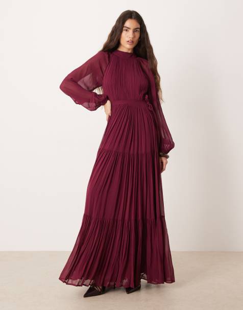 Lace & Beads Violetta chiffon balloon sleeve tie waist maxi dress in fig - view 1