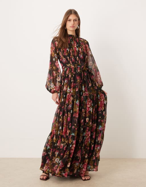 Lace & Beads Violetta long sleeve maxi dress in black floral print