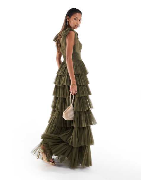 Lace & Beads bow shoulder tiered tulle maxi dress in deep olive