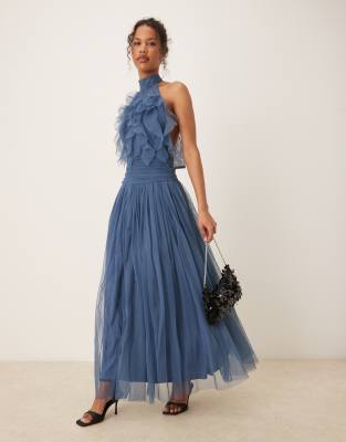 Lace & Beads Waterfall Ruffle Maxi Dress