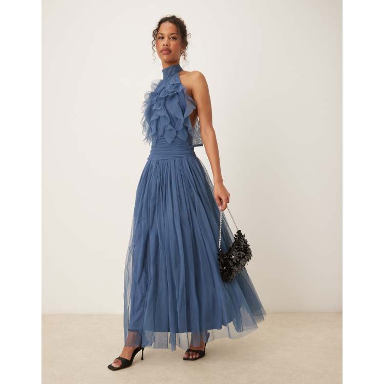 Lace & Beads waterfall ruffle maxi dress in ethereal blue | ASOS