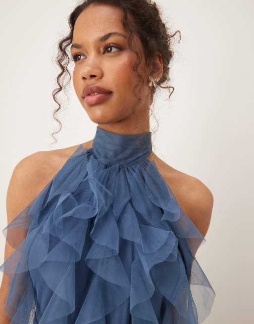 Lace & Beads waterfall ruffle maxi dress in ethereal blue