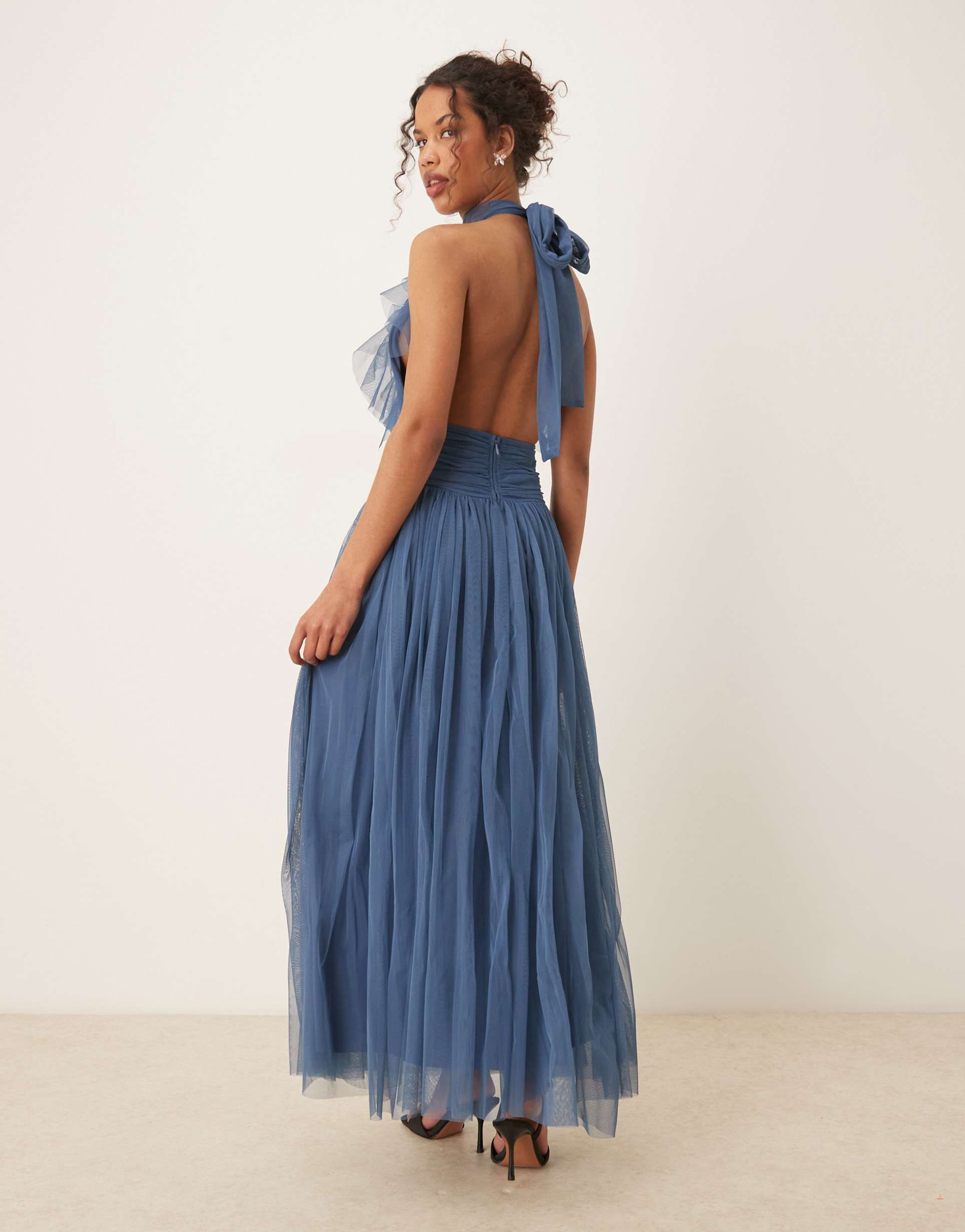 lace & beads waterfall ruffle maxi dress in ethereal blue