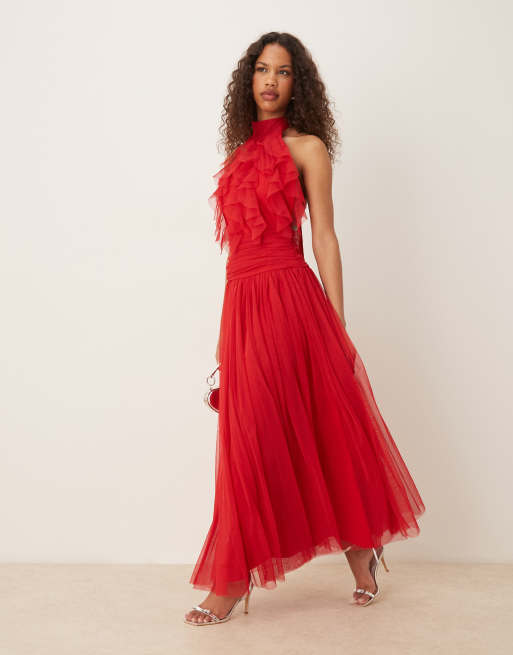 Lace & Beads waterfall ruffle maxi dress in red