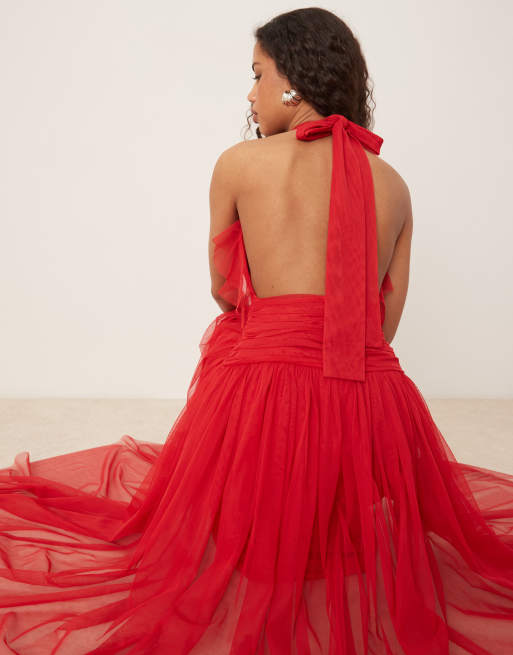 Lace & Beads waterfall ruffle maxi dress in red