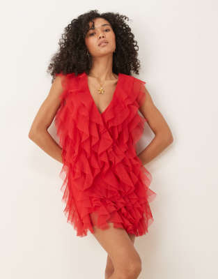 Lace & Beads waterfall ruffle mini dress in red - view 1