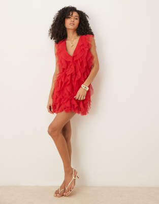 Lace & Beads Waterfall Ruffle Mini Dress