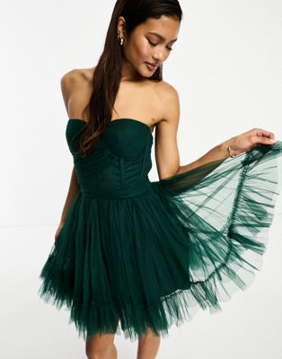 Lace & Beads wrapped corset tulle mini dress in emerald