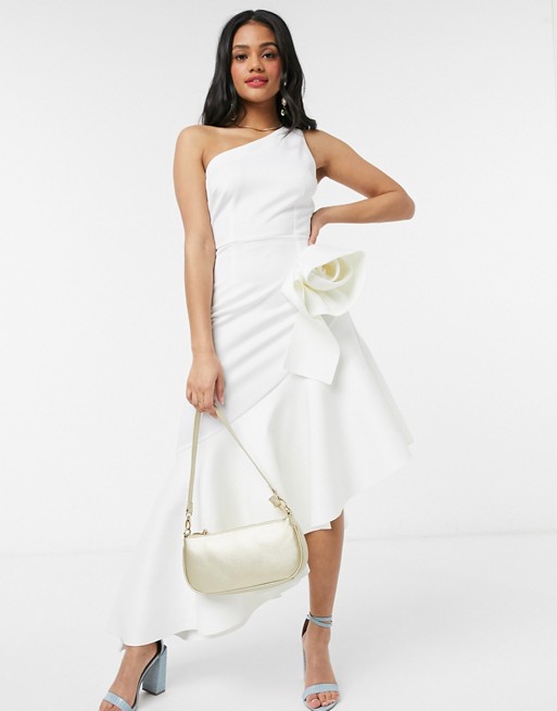 Laced in Love asymmetric ruffle dress with origami rose in white