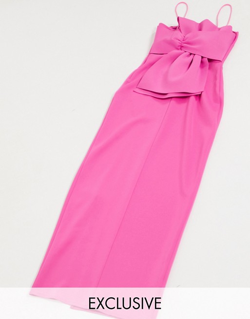 Laced In Love bow back maxi dress with thigh split in hot pink