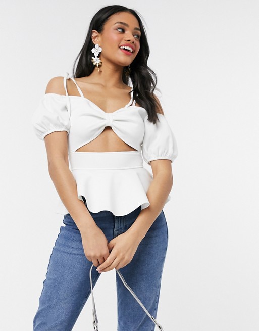Laced In Love cut out peplum top with puff sleeve in white