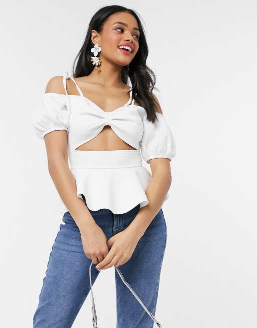 Laced In Love cut out peplum top with puff sleeve in white