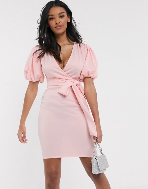 Laced in Love plunge pencil dress with balloon sleeve in blush
