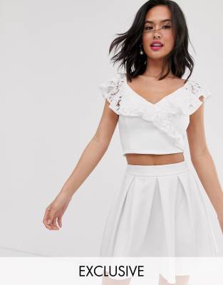 Laced In Love scuba lace frill crop top in white