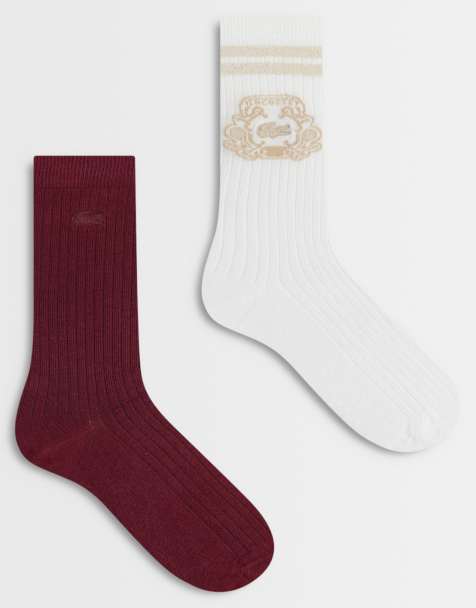 Lacoste 2 pack crest accent socks in white and burgundy - view 1