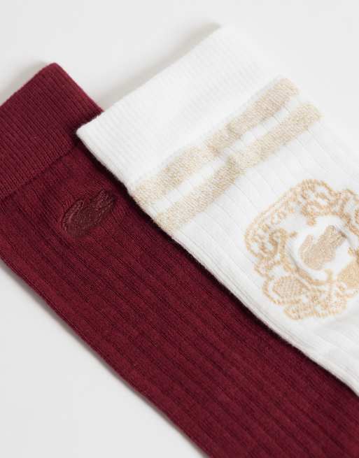 Lacoste 2 pack crest accent socks in white and burgundy, 3 of 3