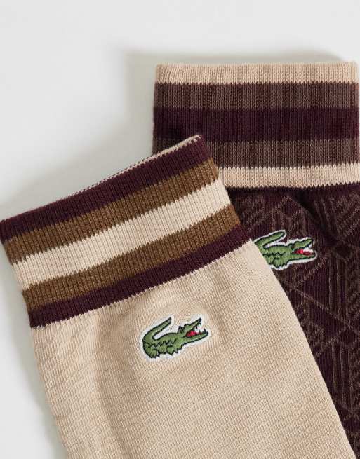 Lacoste 2 pack long  socks in brown monogram and beige , 3 of 3