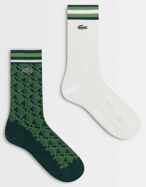 Lacoste 2 pack long  socks in green monogram and white - view 1
