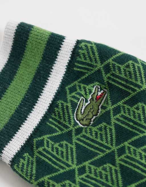 Lacoste 2 pack long  socks in green monogram and white, 3 of 3