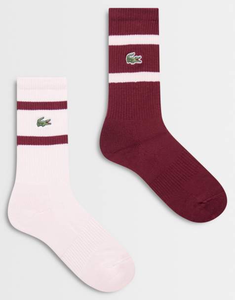 Lacoste 2 pack long striped socks in pink and burgundy - view 1