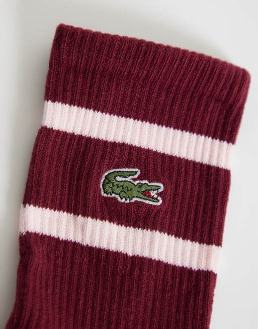 Lacoste 2 pack long striped socks in pink and burgundy , 2 of 3