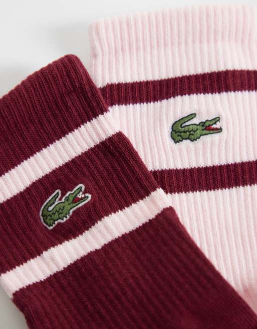Lacoste 2 pack long striped socks in pink and burgundy , 3 of 3
