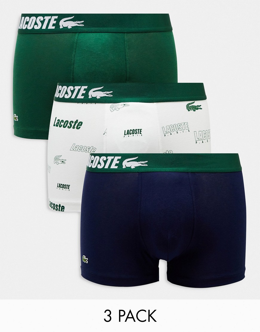 Lacoste 3 pack branding stretch cotton trunks in green