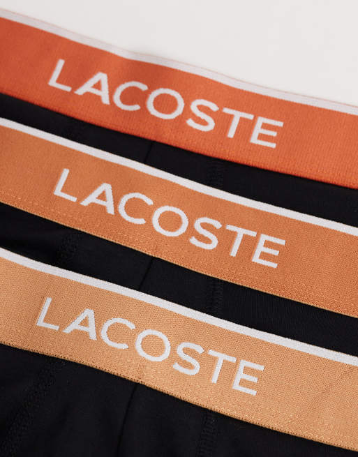 Lacoste 3 pack coloured waistband trunks in black and orange, 2 of 3