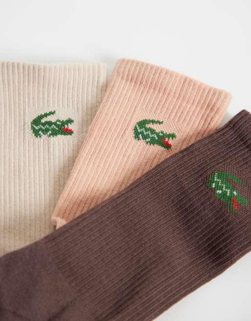 Lacoste 3 pack croc logo long coloured sports socks in brown, beige and pink, 2 of 3