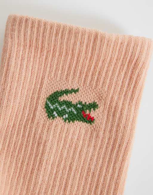 Lacoste 3 pack croc logo long coloured sports socks in brown, beige and pink, 3 of 3