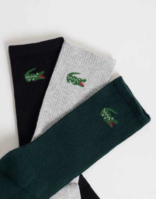 Lacoste 3 pack croc logo long coloured sports socks in grey, green and black, 3 of 3