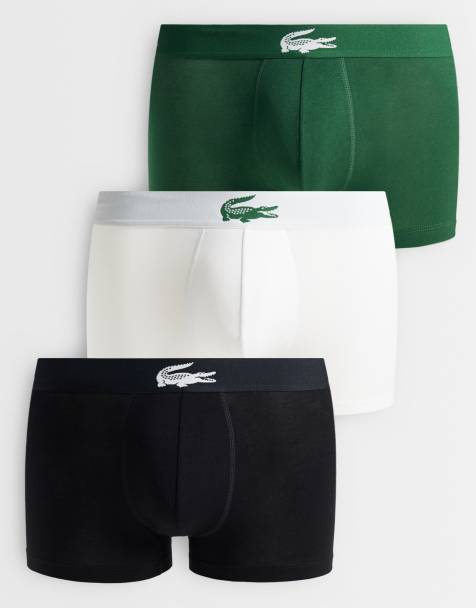 Lacoste 3 pack croc waistband stretch cotton trunks in black, white and green - view 1