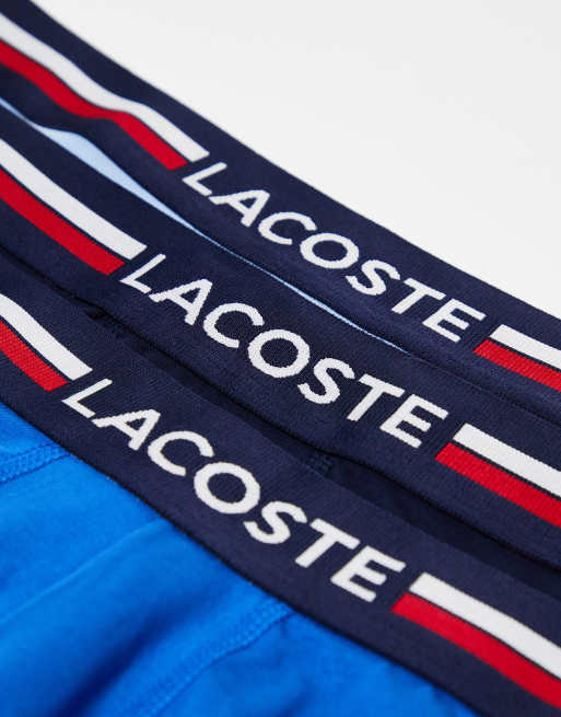 Lacoste 3 pack iconic trunks with tone waistband in blue