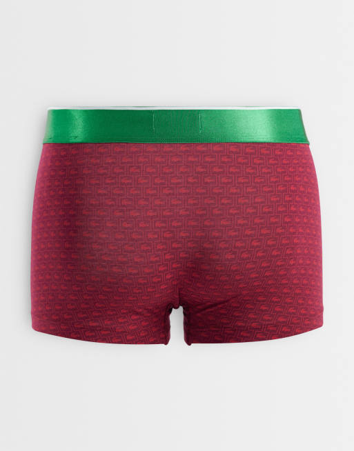 Lacoste 3 pack metallic waistband crocodile print trunks in burgundy, navy and green, 3 of 3