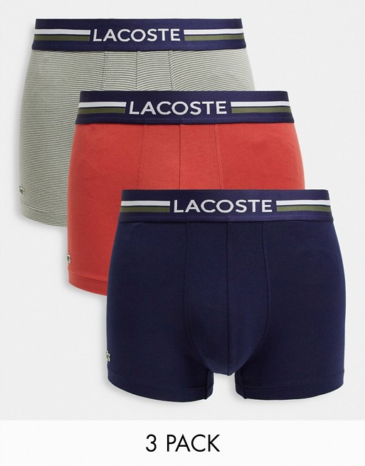 Lacoste 3 pack panel logo trunks in stripe/red/navy