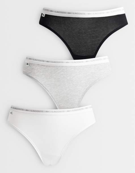 Lacoste 3 pack stretch cotton lingerie thongs in black, white and grey - view 1