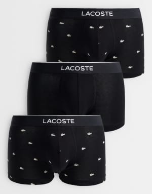 Lacoste 3 pack stretch cotton trunks in croc print and black