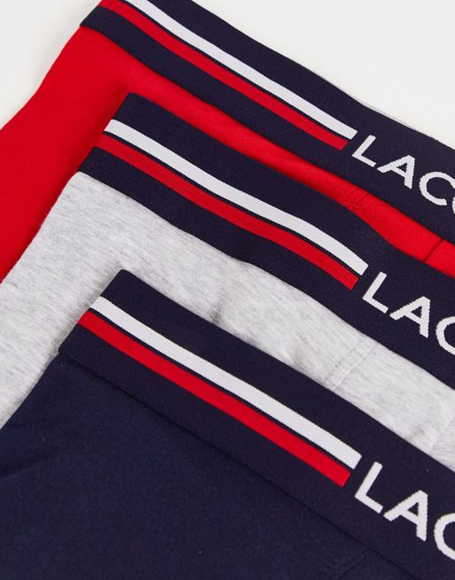 Lacoste Iconic Trunks 3 Pack In Grey Marle/Navy/Red