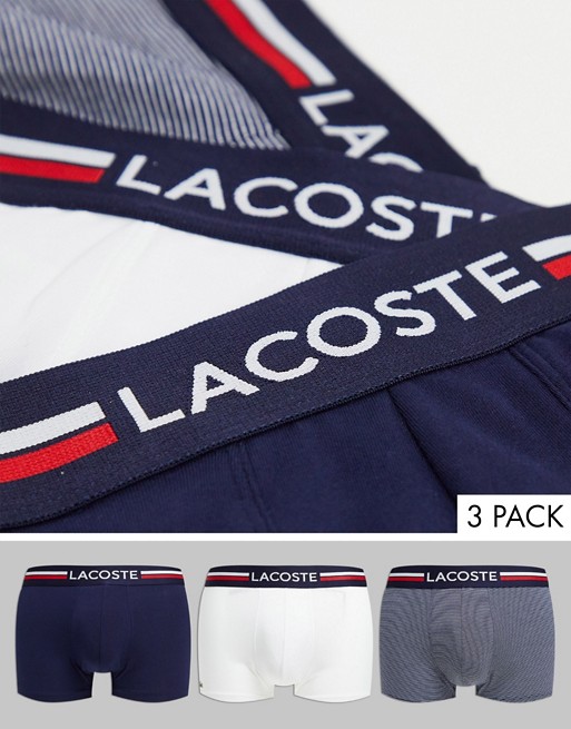 Lacoste 3 pack trunks in navy/ white/ stripe