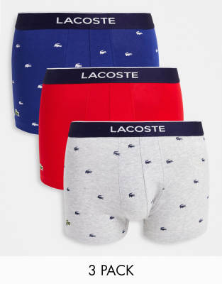 LACOSTE 3 PACK TRUNKS WITH ALL OVER LOGO IN NAVY/ GRAY/ RED-MULTI