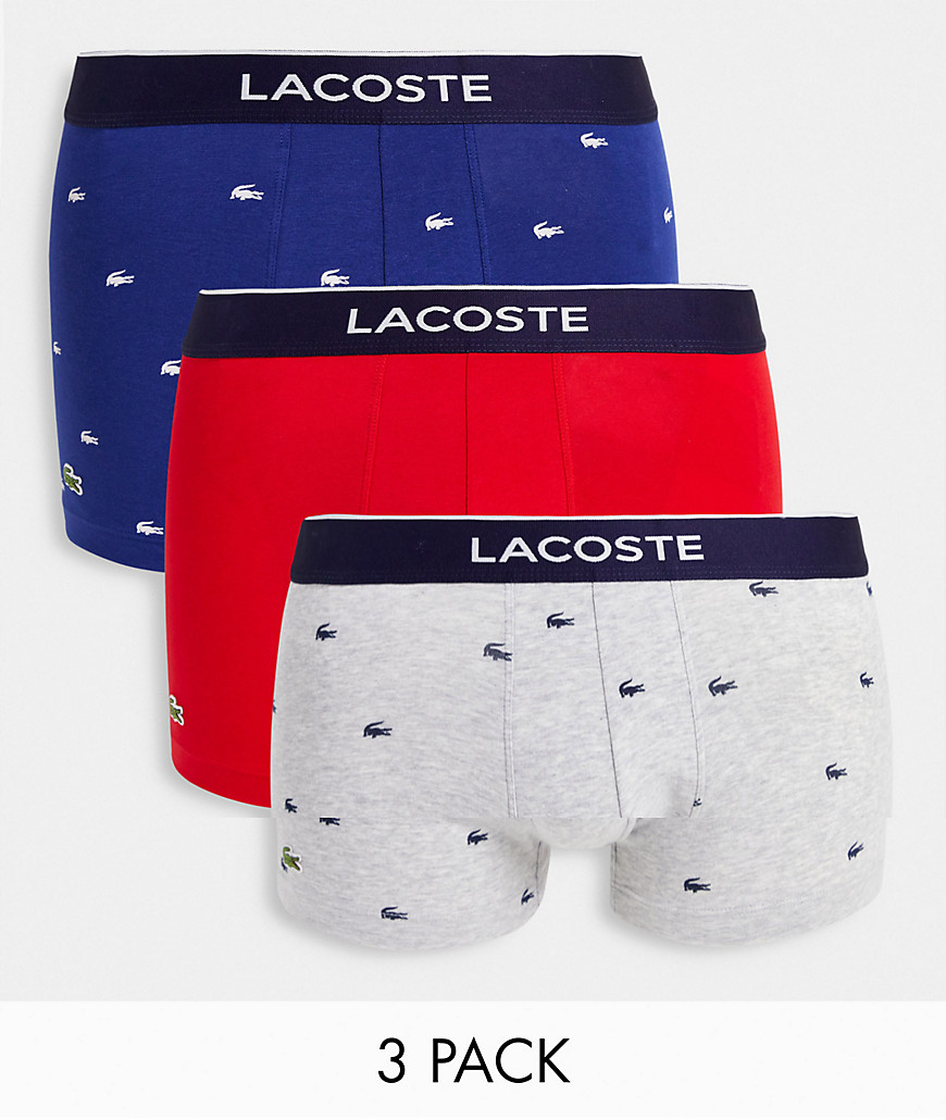 LACOSTE 3 PACK TRUNKS WITH ALL OVER LOGO IN NAVY/ GRAY/ RED-MULTI