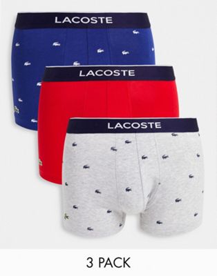 Lacoste 3 pack trunks with all over logo in navy/ grey/ red