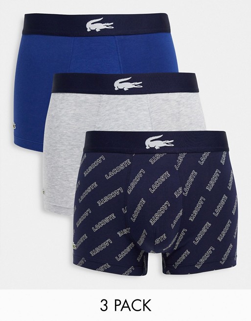 Lacoste 3 pack trunks with all over script logo in navy/ grey