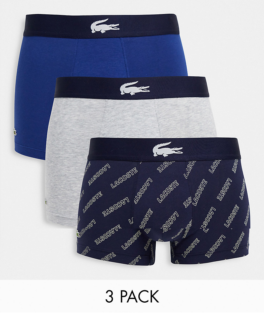 Lacoste 3 pack trunks with all over script logo in navy/ grey-Multi