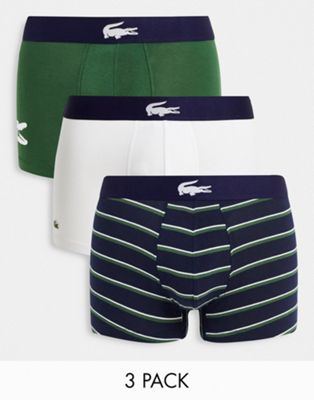 Lacoste 3 pack trunks with large croc logo in khaki/ navy/white