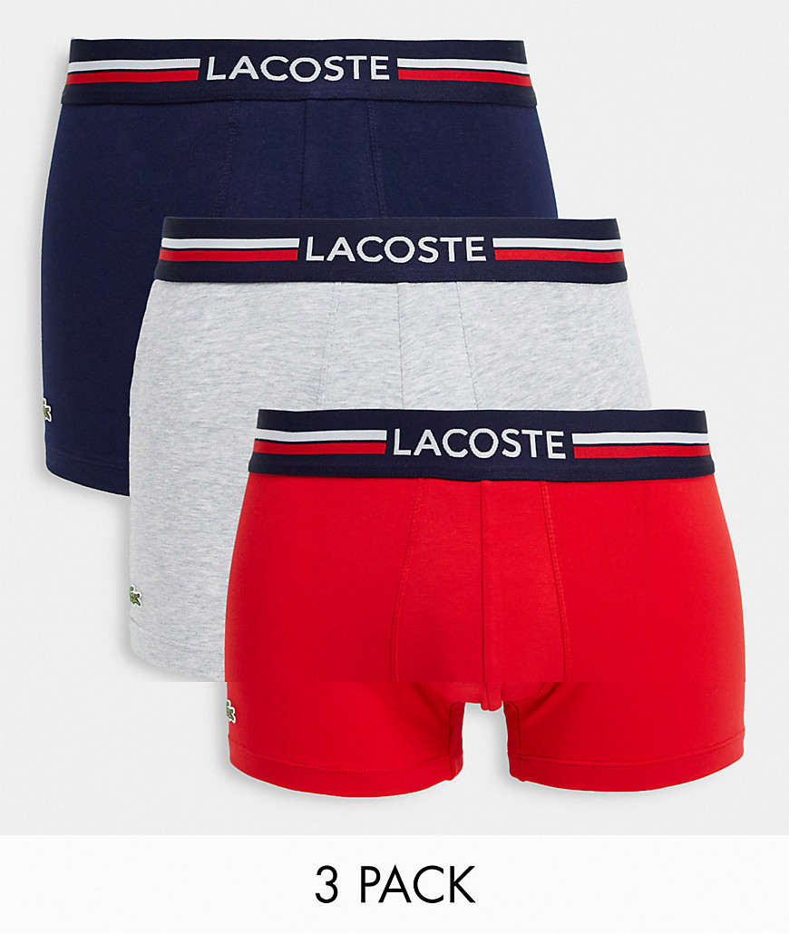 Lacoste 3 pack trunks with logo waistband in navy/ gray/ red-Multi
